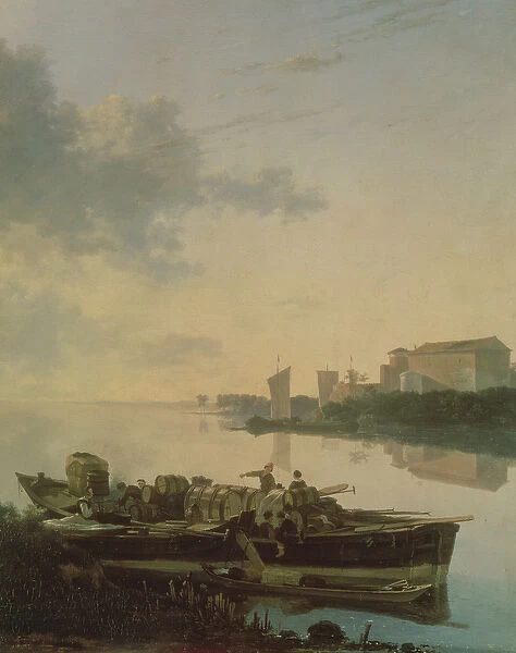 A Wooden Barge on the River by Sunset (oil on canvas)