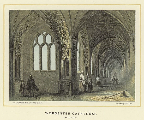 Worcester Cathedral, the cloisters (colour litho)