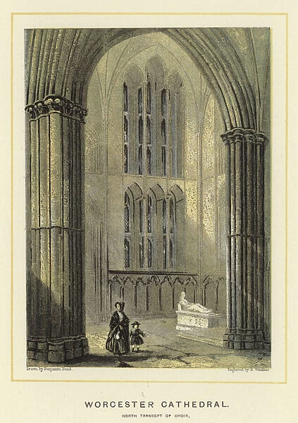 Worcester Cathedral, north transept of choir (colour litho)