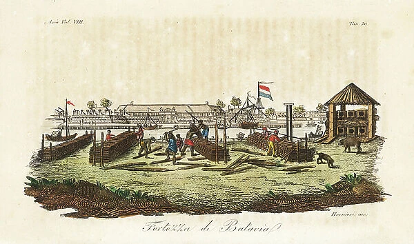 Workers building the Dutch fortress at Batavia, now Jakarta, Indonesia. Handcoloured copperplate engraved by Andrea Bernieri from Giulio Ferrario's Ancient and Modern Costumes of all the Peoples of the World, Florence, Italy, 1844