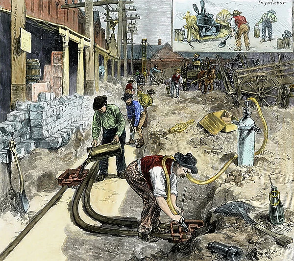 Workers laying pipes for electrical cables on the streets of New York, United States, 1882. Colour engraving of the 19th century