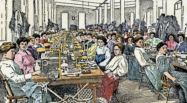 Workers in front of their sewing machine in a textile factory, 1800s. Colour engraving of the 19th century