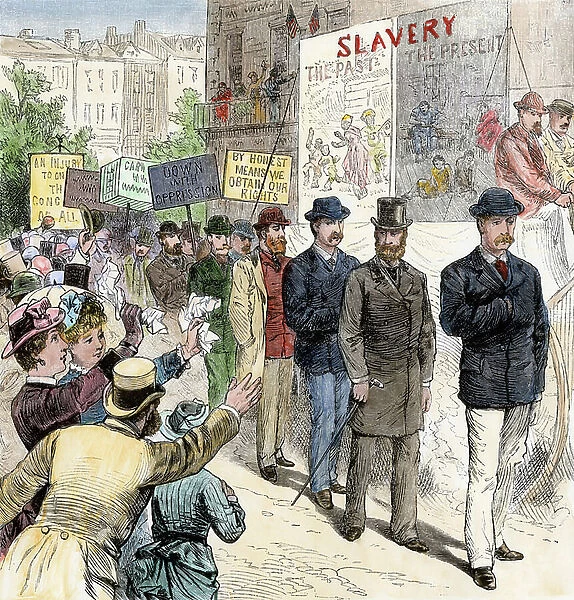 Workers on strike protesting in the United States, late 1800s. Colour engraving of the 19th century