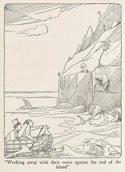 'Working away with their noses against the end of the island'illustration from The Voyages of Doctor Dolittle, 1922