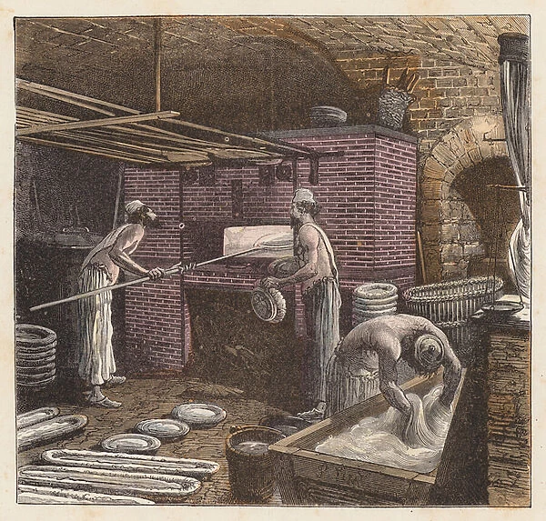 Working in a bakery (coloured engraving)