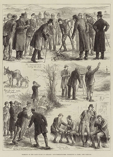 Working of the Land Court in Ireland, Sub-Commissioners examining a Farm (engraving)