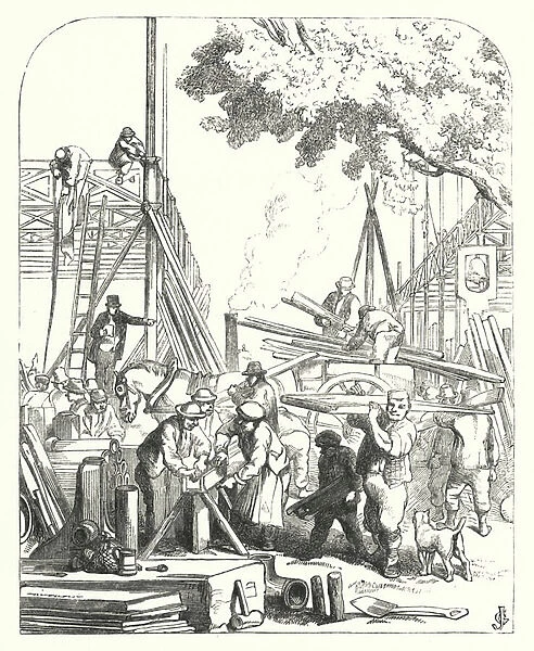 Workmen on the site of the Crystal Palace, Hyde Park, London, venue of the Great Exhibition of 1851 (engraving)
