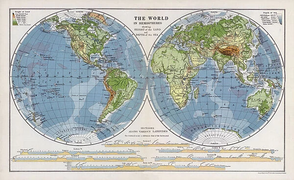 The world in hemispheres showing height of the land and depth of the sea (colour litho)
