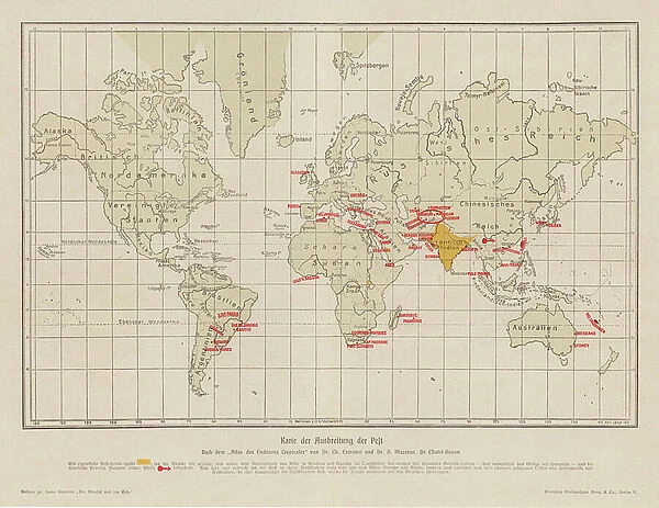 World map showing the spread of the plague (colour litho)