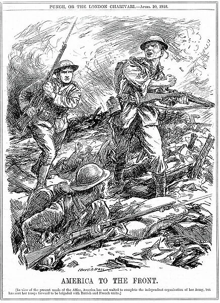 World War I: America sent men to reinforce the Allied troops before the main US Army arrived, 1918 Engraving