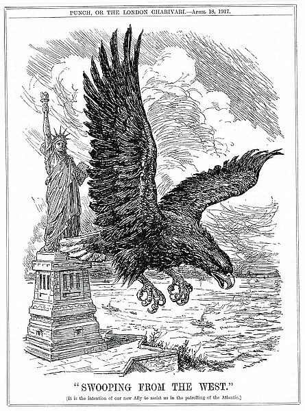 World War I: American eagle swooping to guard the Atlantic, 1917 Engraving