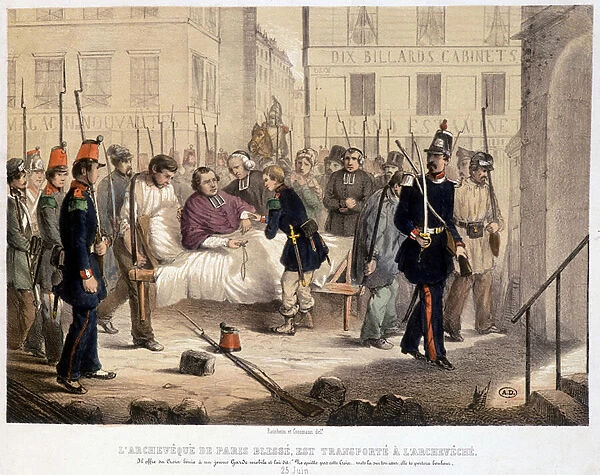 The wounded archbishop of Paris is transported to the archveche, June 25, 1848