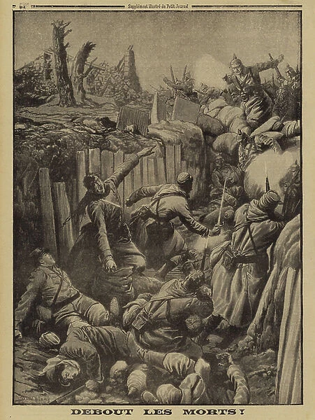 Wounded French soldiers getting up to repel a German attack on their trench, World War I, 1915 (litho)