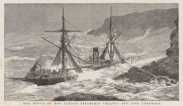 The Wreck of the Cunard Steamship 'Malta'off Cape Cornwall (engraving)