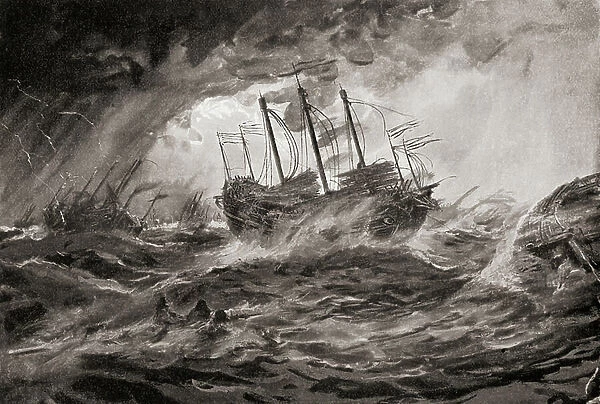 The wreck of Kublai Khan's Mongol fleet during the second invasion of Japan in 1281 due to the typhoon, Kamikaze, which destroyed most of the armada. From Hutchinson's History of the Nations, published 1915