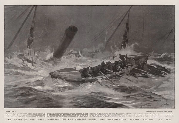 The Wreck of the Liner 'Mohegan'on the Manacle Rocks, the Porthoustock Lifeboat rescuing the Crew (litho)