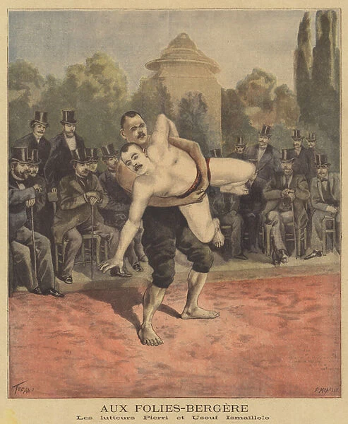 The wrestlers Pierri and Usouf Ismaillolo at the Folies-Bergere (colour litho)