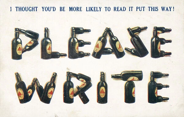 Please write, written in beer bottles (colour litho)