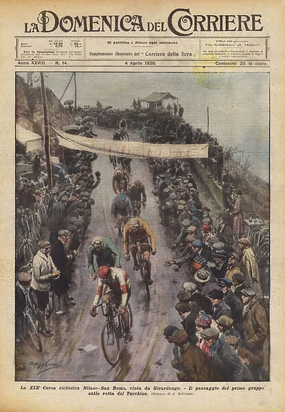 The XIXth Milan-San Remo Cycling Race, won by Girardengo (colour litho)