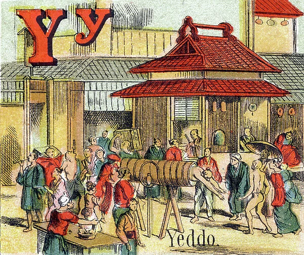 Y. Yeddo Letter: Tokyo City formerly known as Yedo. Alphabet of small geographers. Children's bookshop illustrated. Guerin-Muller et Cie Editeurs, A. Capendu Successor, Paris, 1881. L.V. Leer and Cie Haarlem. Chromolithography. Dim: 27x23, 5cm