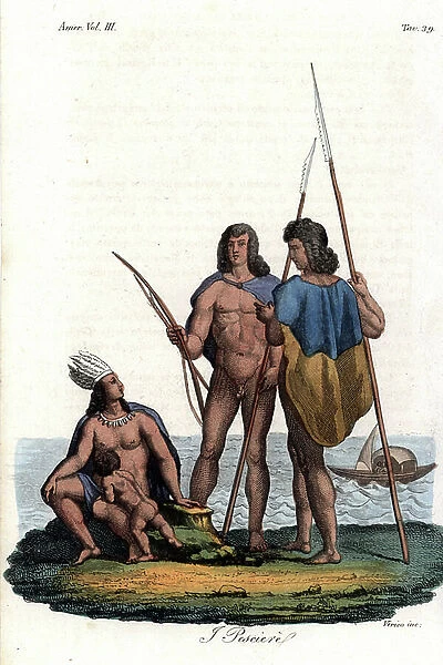 Yaghan or Yamana people of Tierra del Fuego, naked hunters with cloaks, spears, bow and arrow, and seated woman with feather headdress and cloak. Fishing boat with sail in the background