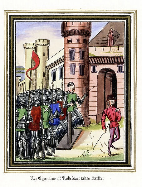 Hundred Years War (1337-1453): Thierry de Robersart, known as the Canon d'Ecaillon, (1340-1387) takes the castle and the cathedrale of Jaffre, near Seville (Spain) - Lithography from the enluminated manuscript of the Chronicles (1322 to 1400)