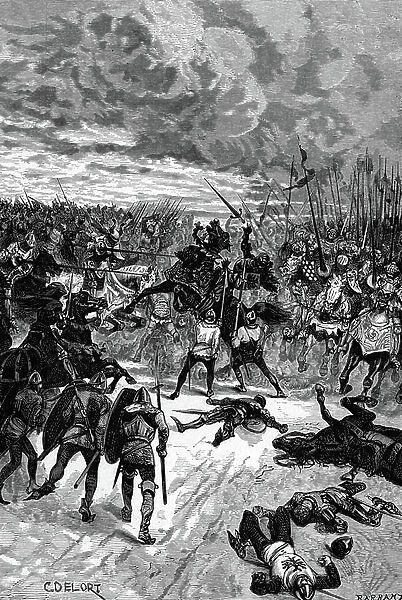 Hundred years war: The death of King John I of Boheme (1296-1346) on the battlefield of Crecy, 1346. 19th century (engraving)