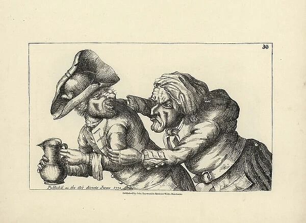Yeddart and Hodge in a jealous fight over a pot of ale. Copperplate engraving by Thomas Sanders after a satirical illustration by Timothy Bobbin (John Collier) (1708-1786) from Human Passions Delineated, John Haywood, Manchester, 1773