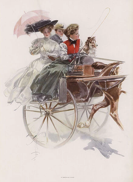 Young American woman riding in a gig or similar one horse carriage in Ireland (colour litho)