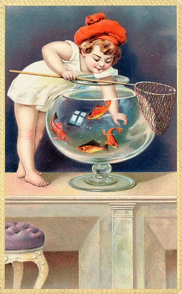 A young child with a fishing net reaches into a goldfish bowl (colour litho)
