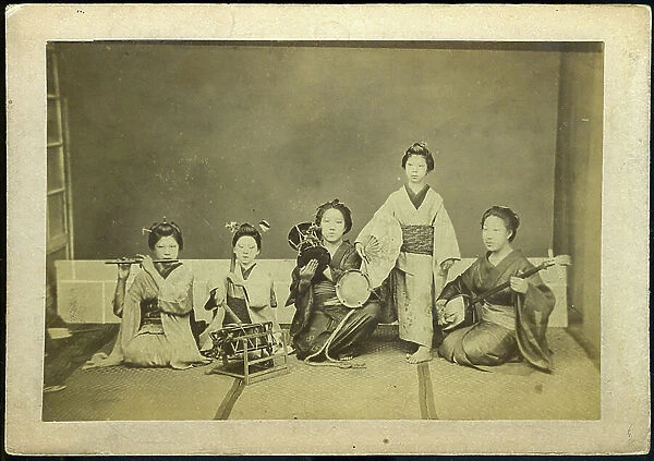 Young geishas playing music, 1875