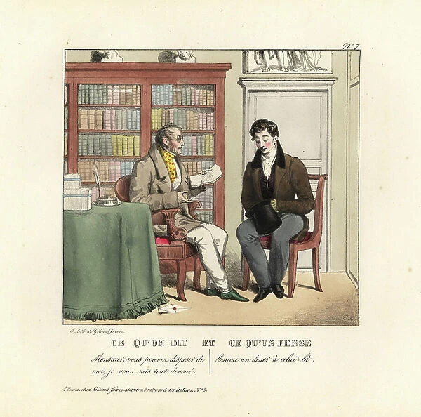 Young gentleman in the study of an advisor reading a letter. He says, I'm entirely at your disposal. He thinks, Another free dinner! Handcoloured lithograph by the Gihaut brothers after an illustration by Swiss artist Jean Gabriel Scheffer