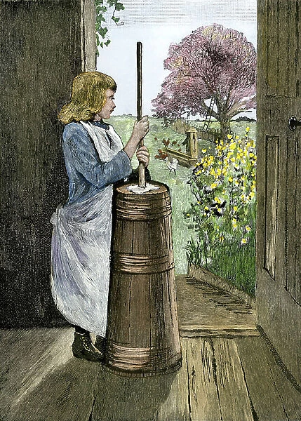 A young girl beats milk in a baratte to make butter. 19th century engraving Girl working a churn on a spring morning. Hand-colored woodcut of a 19th-century illustration