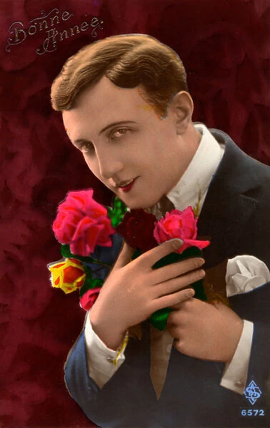 Young Man Holding a Bouquet of Roses, c. 1920 (colourised b  /  w photo)