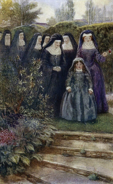 The young Marie-Angelique Arnauld walking in the convent garden with her nuns (colour litho)