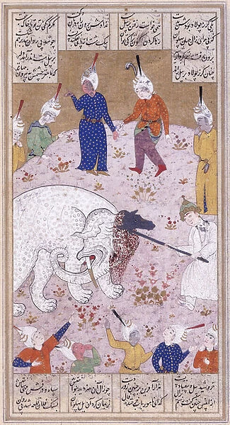 The Young Rustem Slaying the White Elephant, c. 1545 (gouache with gold paint on paper)