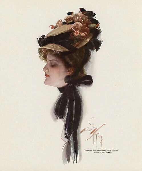 Young woman in a bonnet with black ribbons (colour litho)
