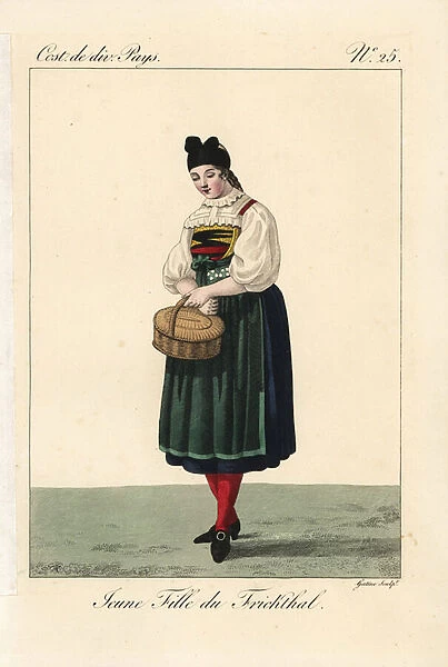 Young woman of Frick, Switzerland, 19th century. Her costume features deep green, blue, daffodil and black. Handcoloured copperplate engraving by Georges Jacques Gatine after an illustration by Louis Marie Lante from Costumes of Various Countries