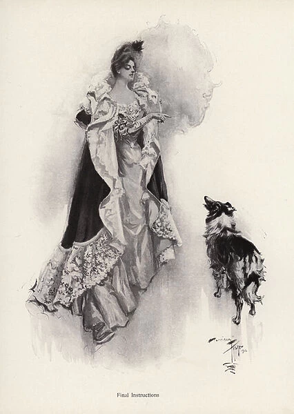 A young woman going out for the evening and bidding her dog to obey instructions (litho)