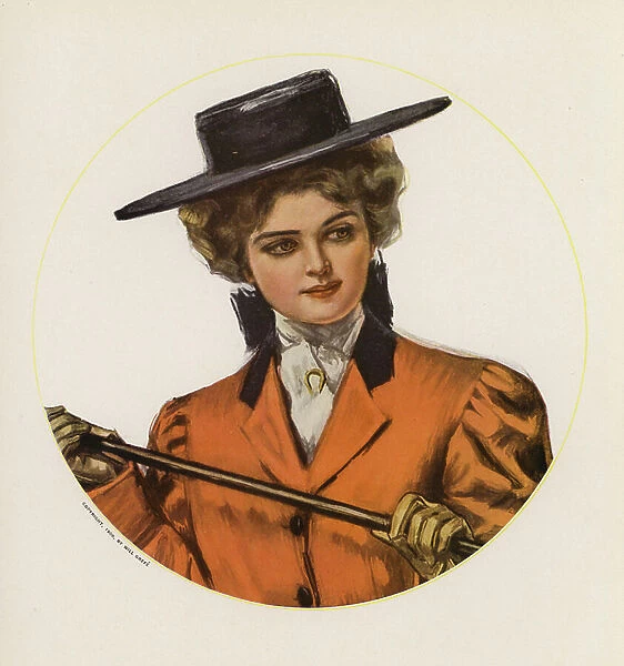 Young woman in an orange coat and black hat (colour litho)