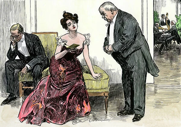 Young woman in the full prom book refusing the invitation of a pretendant to an evening of American high society. 'Gibson girl', representation of the ideal American female in the early 20th century, prefiguring the pin up