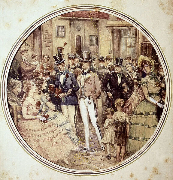 Young women of the high society and elegant young men offering them flowers. Watercolor by Salvador Roses (19th century)