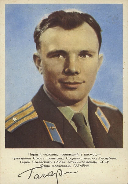 Yuri Gagarin, Soviet pilot and cosmonaut, the first man in space, 1961 (colour photo)