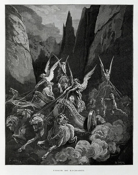 Zechariah's vision of the Four Horsemen of the Apocalypse(Zechariah 6:1-8, Illustration from the Dore Bible, 1866)