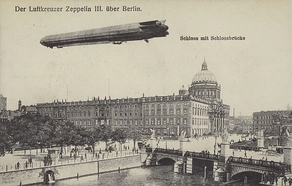 Zeppelin LZ III flying over the City Palace, Berlin (b  /  w photo)