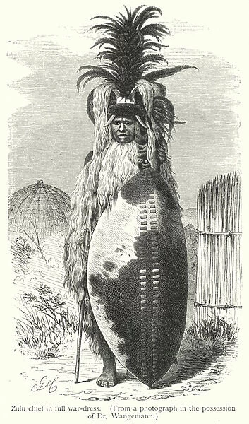 Zulu chief in full war-dress (engraving)
