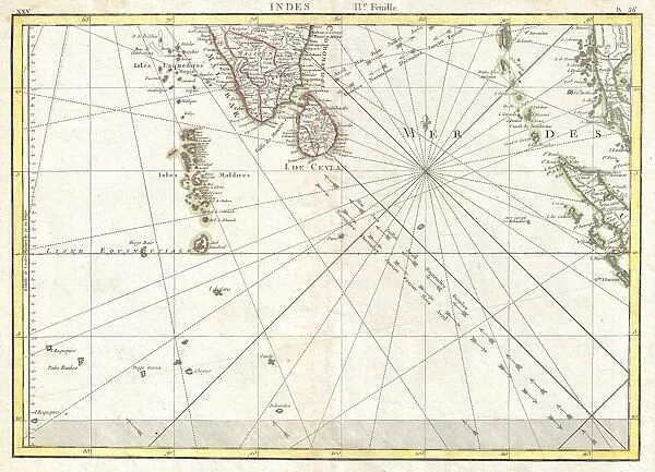 1770, Bonne Map of Southern India, Sri Lanka, Ceylon, the Maldives, and the Indian Ocean