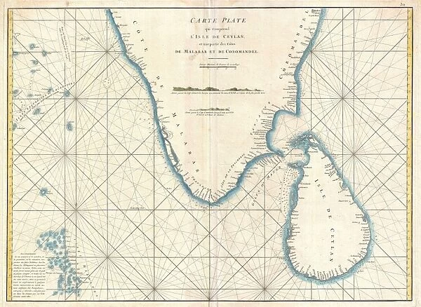 1775, Mannevillette Map of Southern India and Ceylon or Sri Lanka, topography, cartography