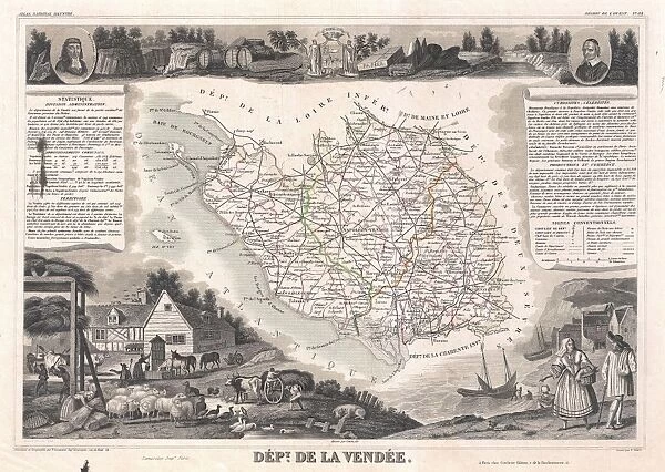 1852, Levasseur Map of the Department De La Vendee, France, Fiefs Vendeens Wines