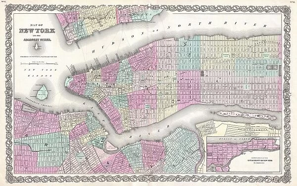 1855, Colton Map of New York City, Manhattan, Brooklyn, Hoboken, first edition, topography